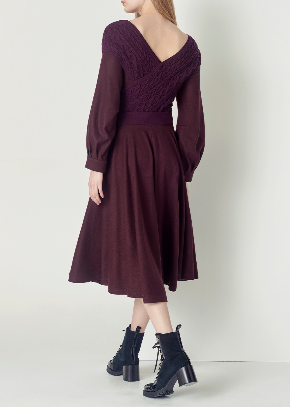SALAZIA Burgundy Wool Fit-and-Flare Dresses