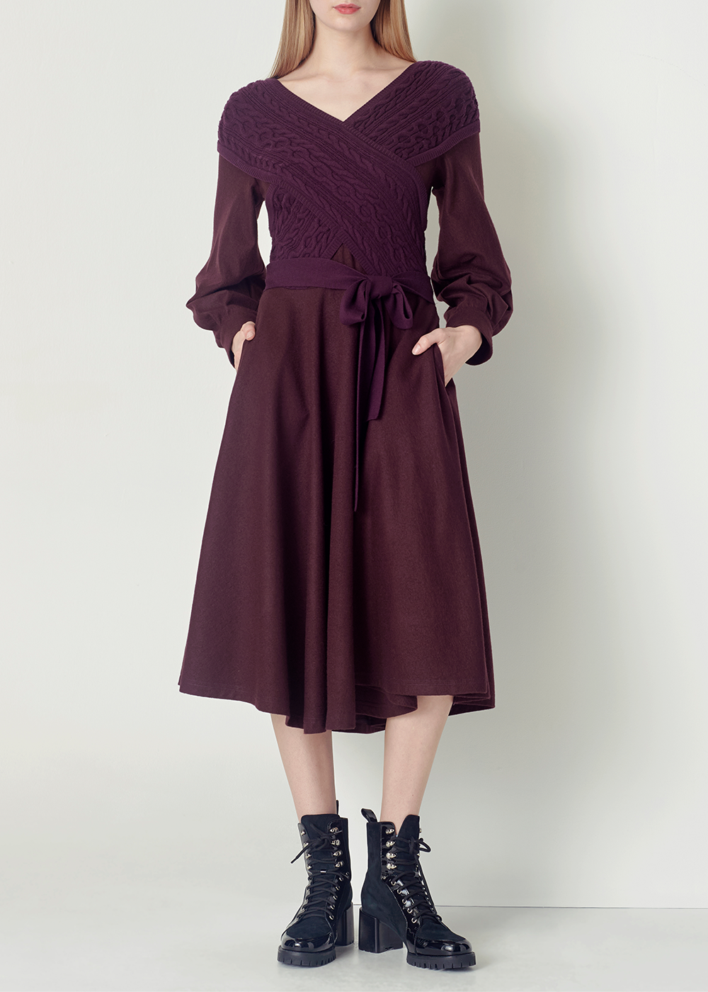 SALAZIA Burgundy Wool Fit-and-Flare Dresses