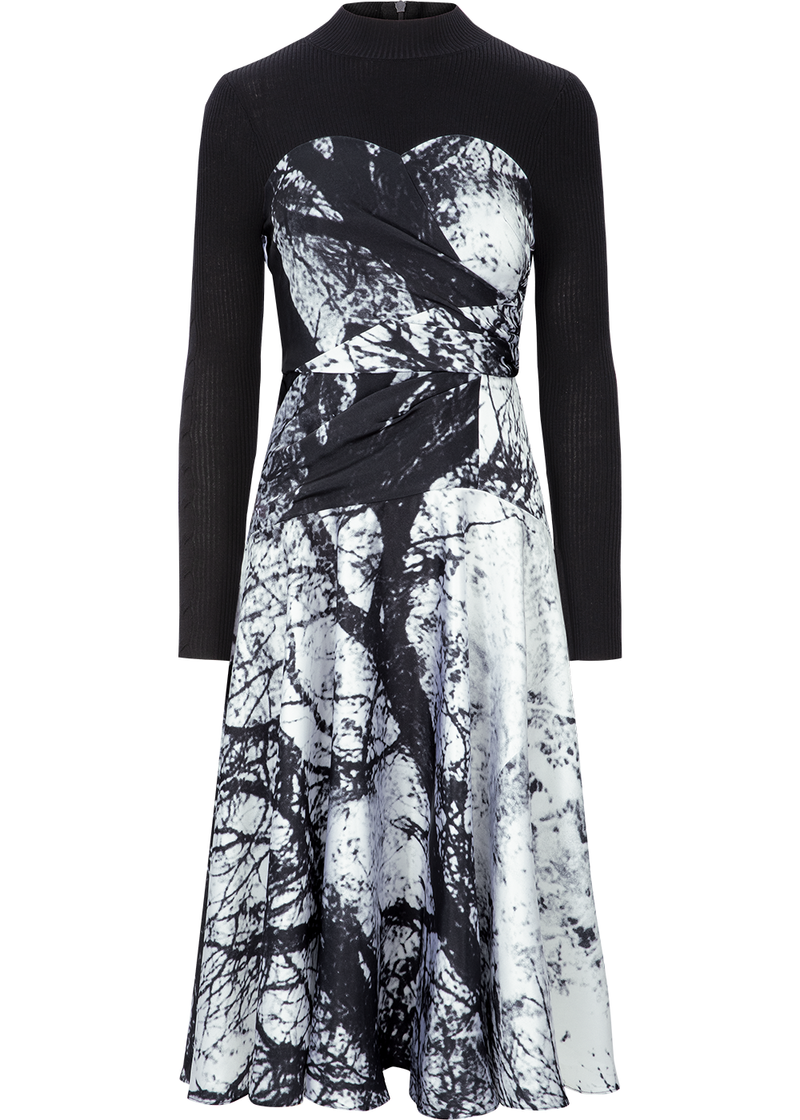SALAZIA Black-White Tree Shadow Wool Blend Dresses
