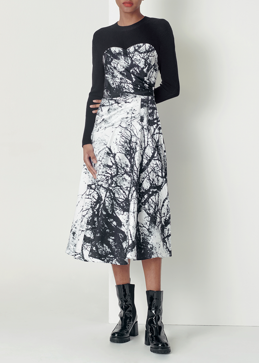 SALAZIA Black-White Tree Shadow Wool Blend Dresses