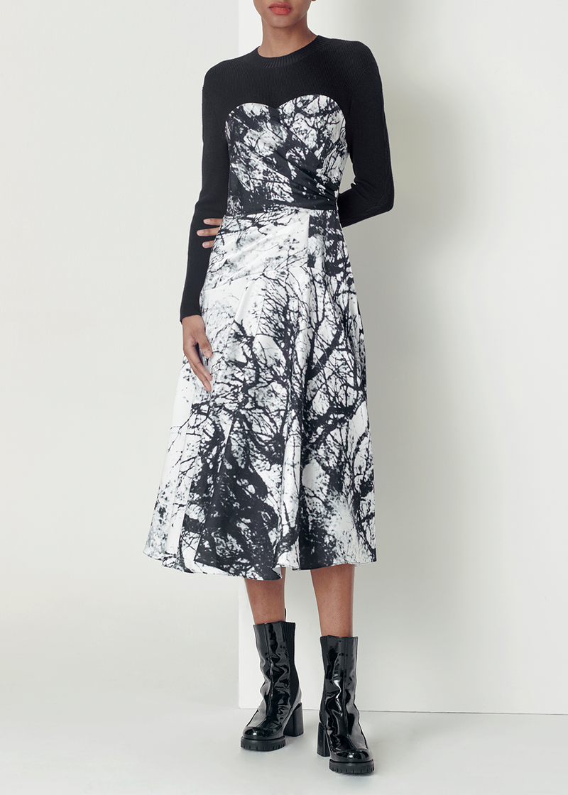 SALAZIA Black-White Tree Shadow Wool Blend Dresses