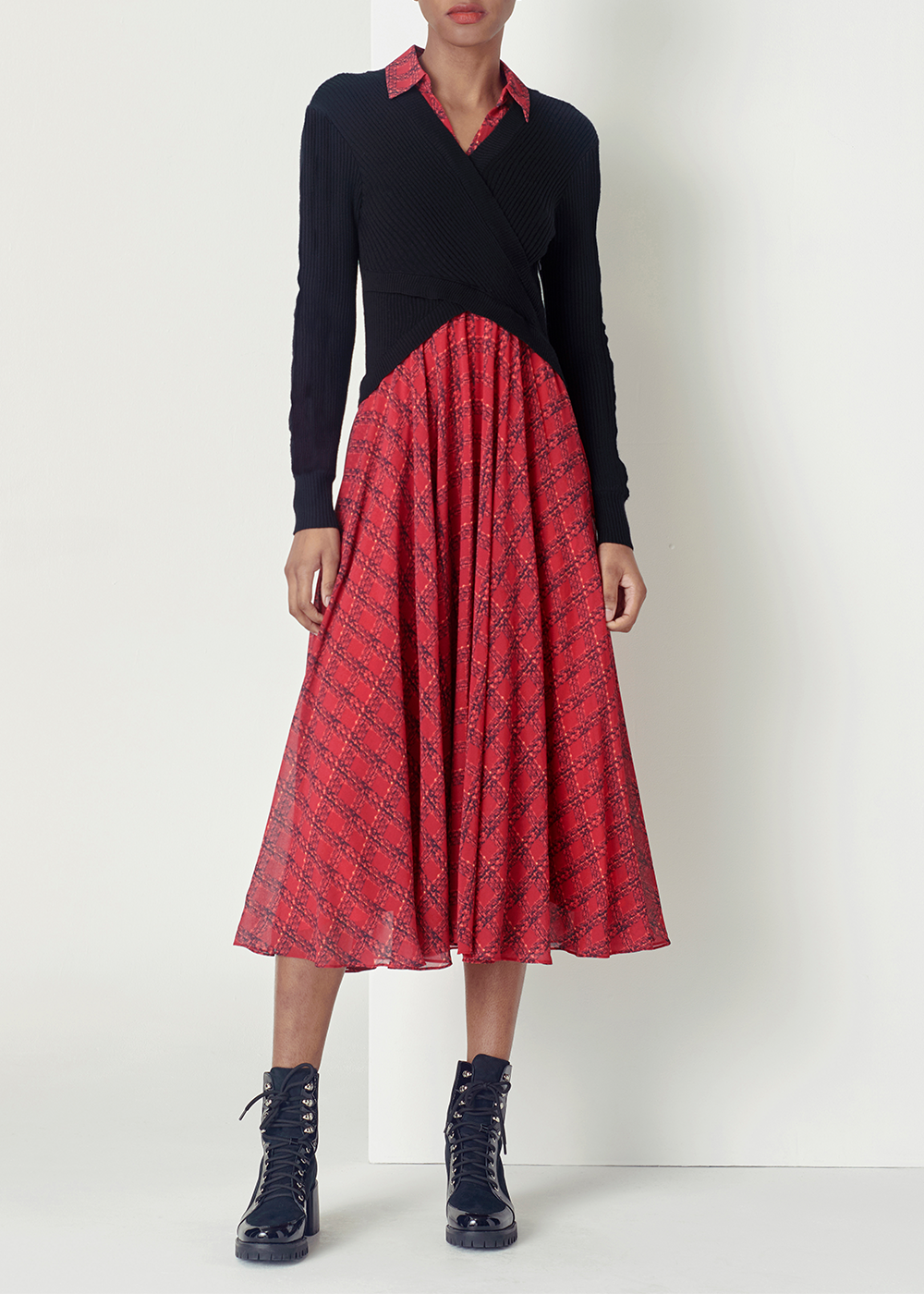 SALAZIA Red-Black Gingham Fit-and-Flare Dresses