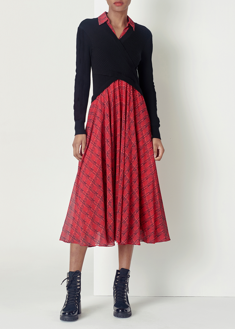 SALAZIA Red-Black Gingham Fit-and-Flare Dresses