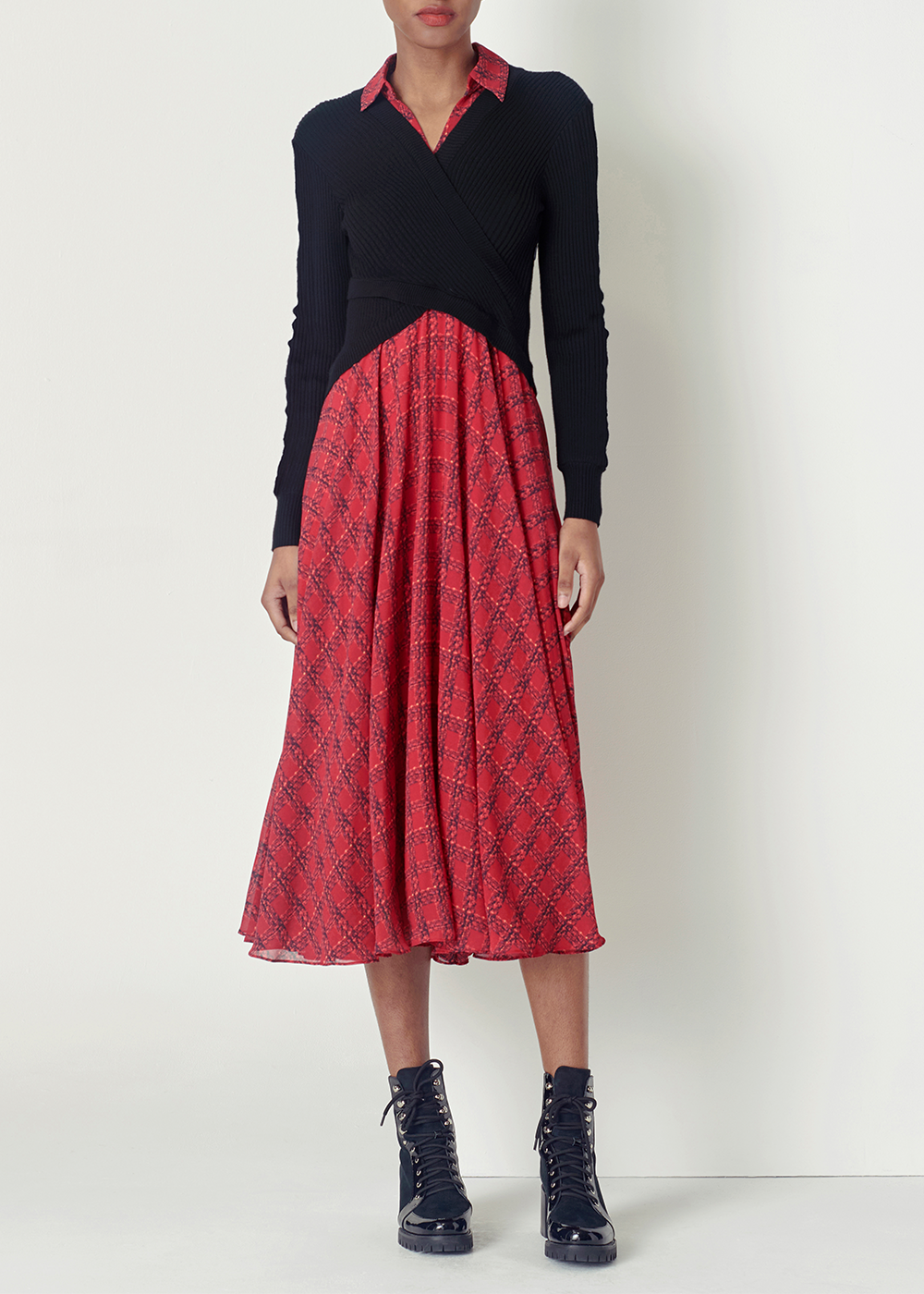 SALAZIA Red-Black Gingham Fit-and-Flare Dresses