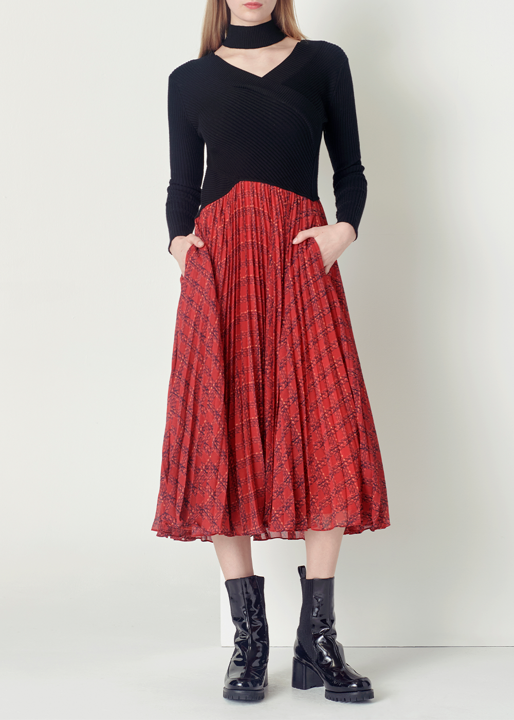 SALAZIA Red-Black Gingham Wool-Blend Dresses