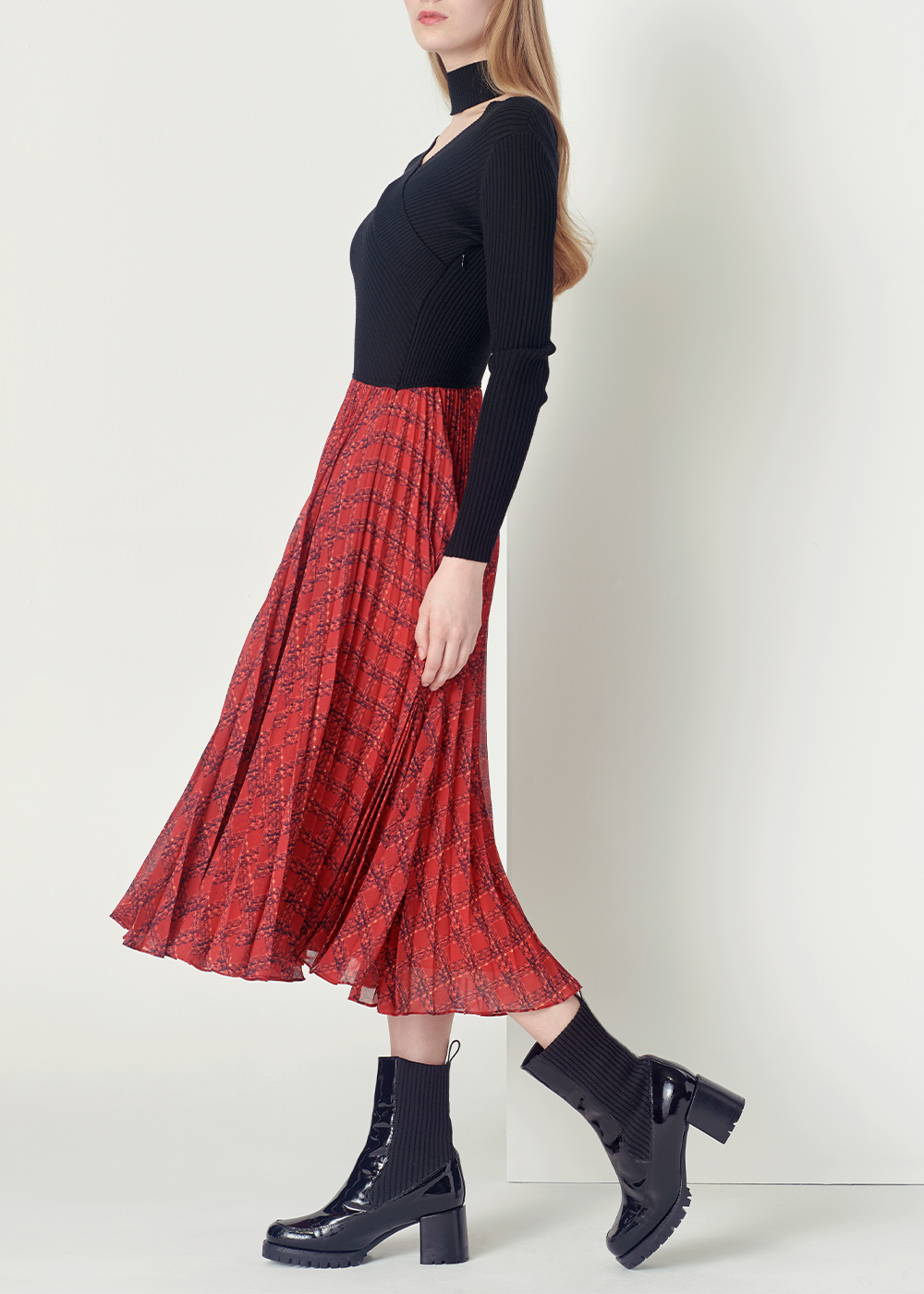 SALAZIA Red-Black Gingham Wool-Blend Dresses