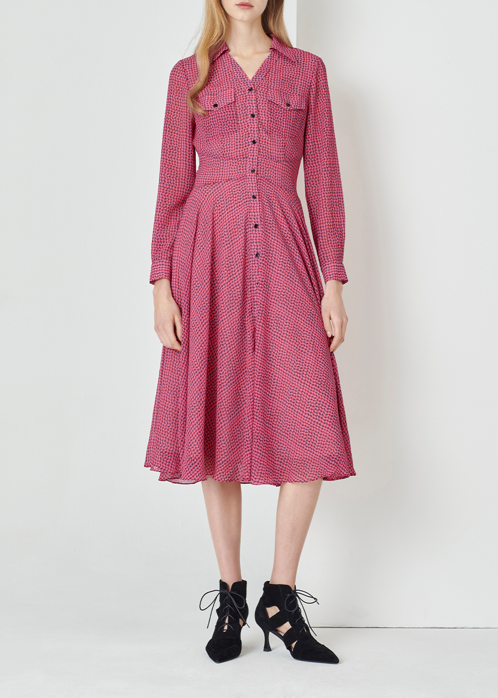 SALAZIA Ice Cube Grid Print Long-Sleeve Dresses