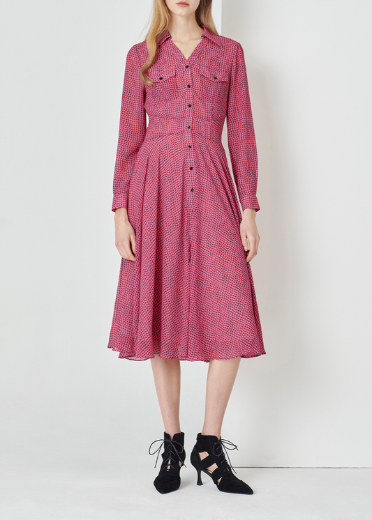 SALAZIA Ice Cube Grid Print Long-Sleeve Dresses