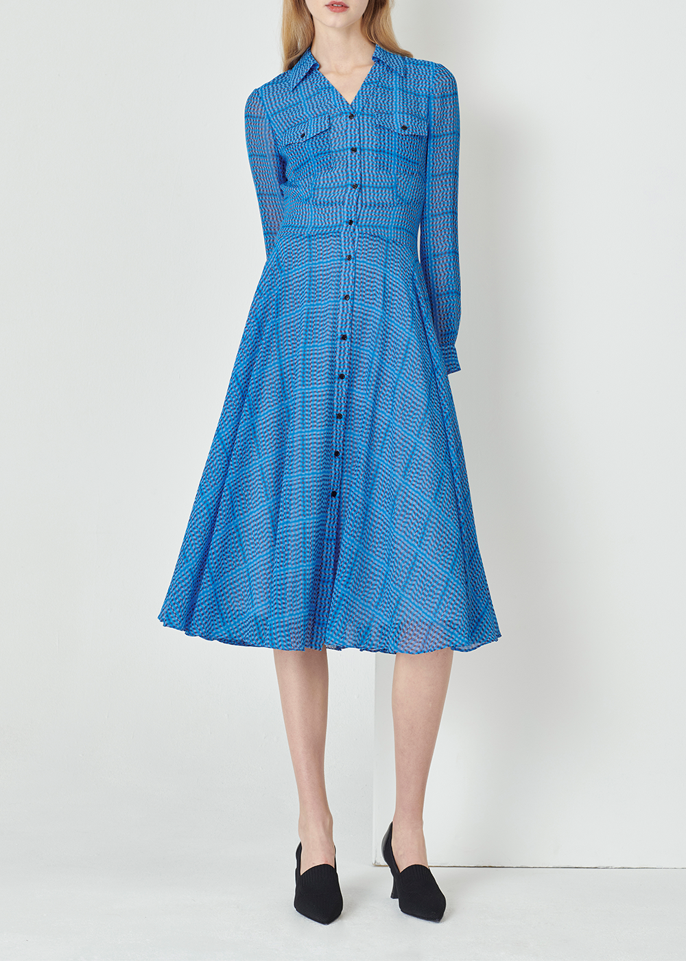 SALAZIA Ice Cube Grid Print Long-Sleeve Dresses