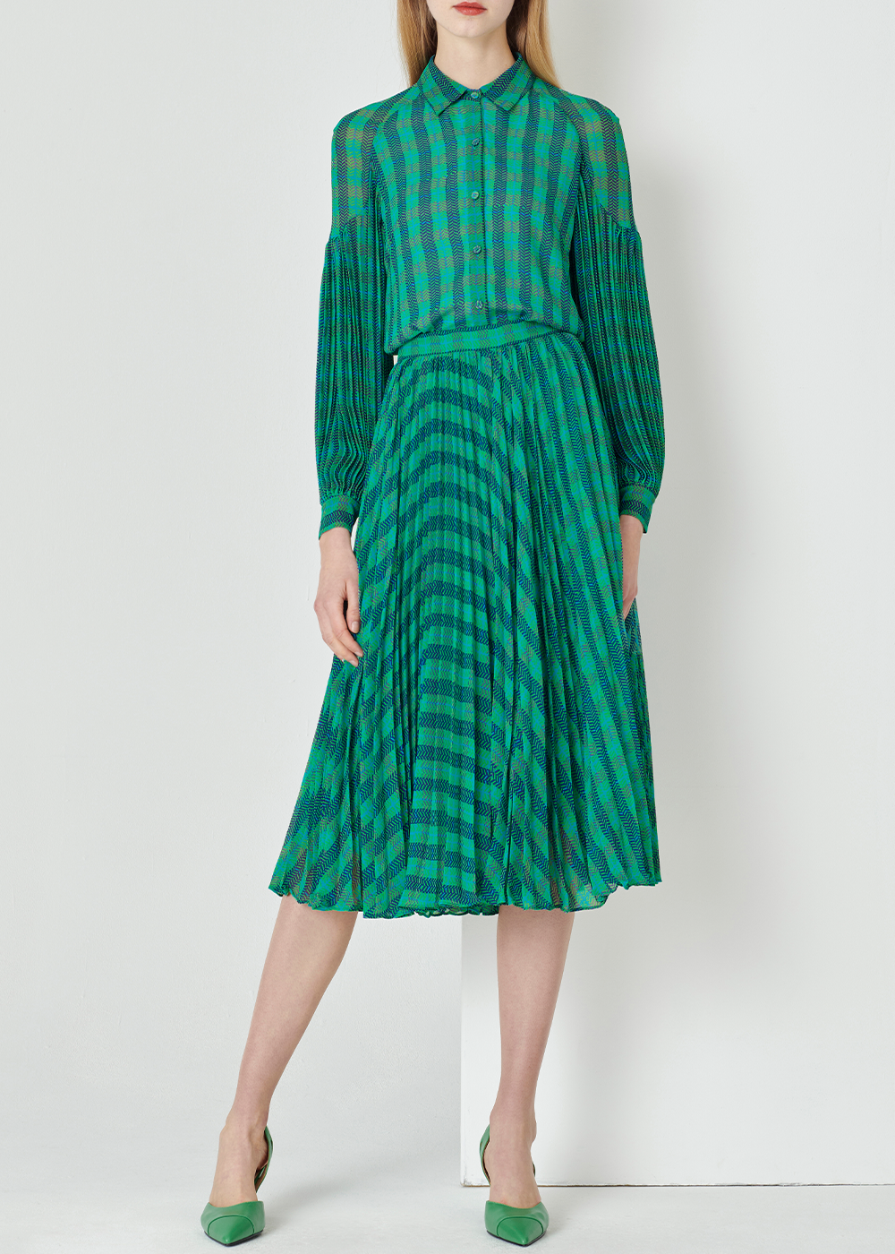 SALAZIA Blue-Green Plaid Midi Skirt