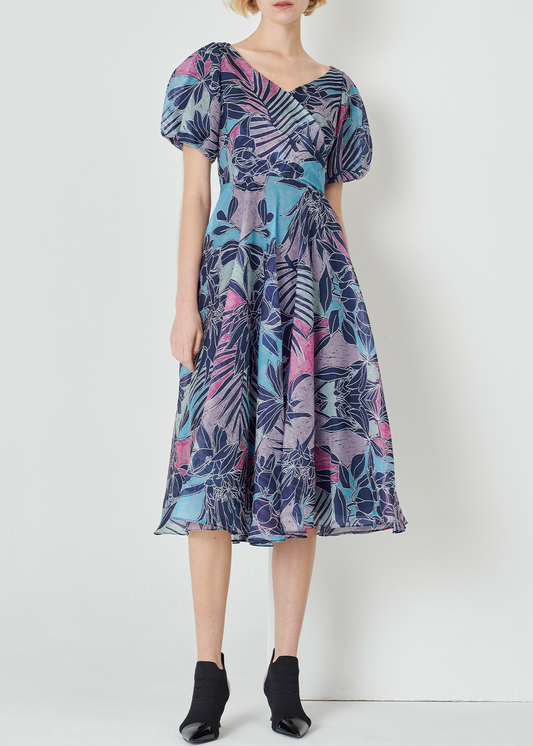 SALAZIA Colorful Jungle Silk Short-Sleeve Dresses
