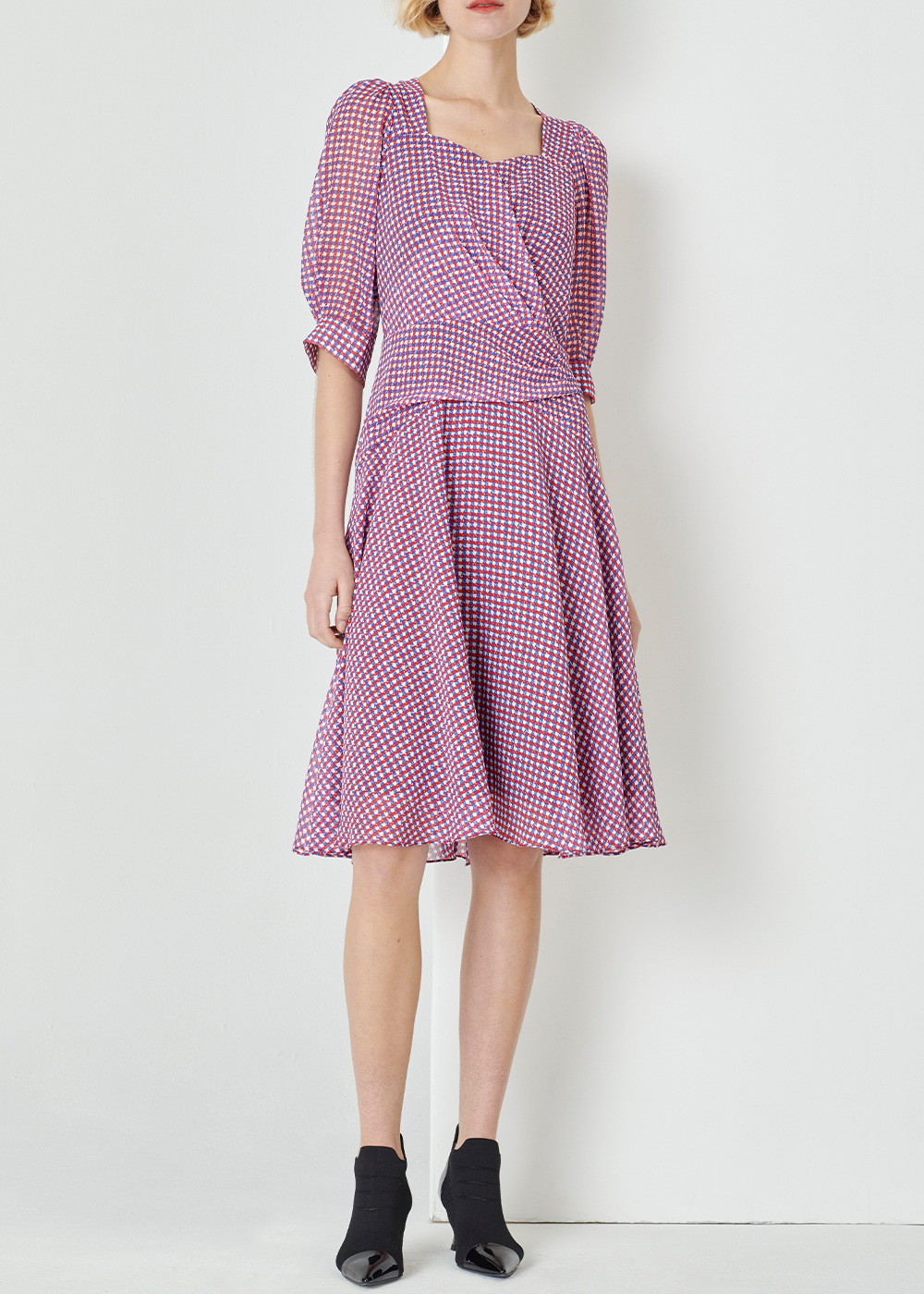SALAZIA Red-White-Blue Plaid Fit-and-Flare Dresses