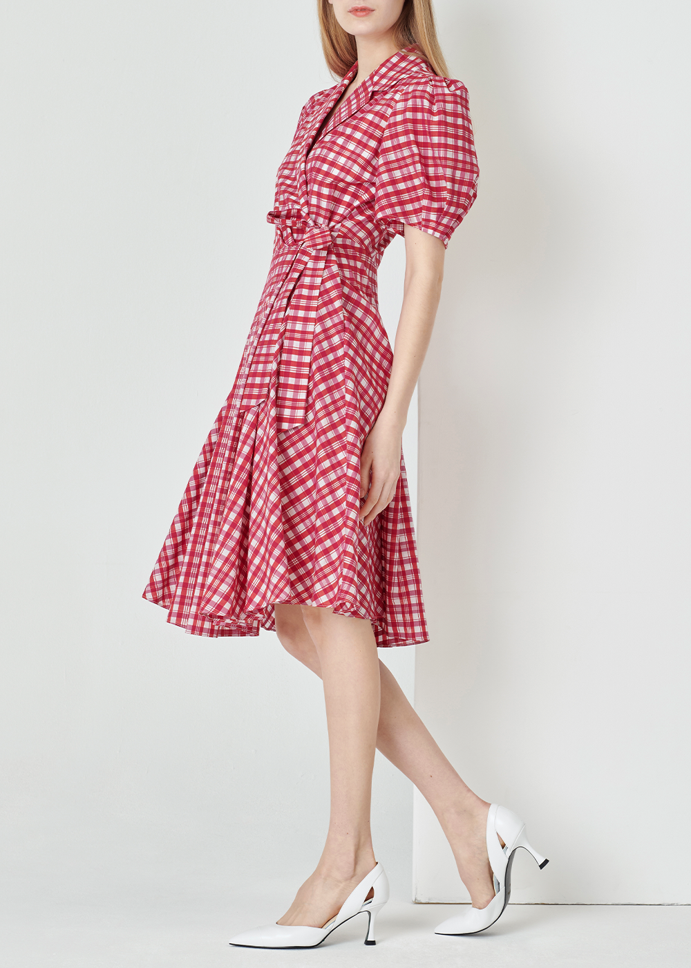 SALAZIA Rose Pink Plaid Cotton-Silk Dresses