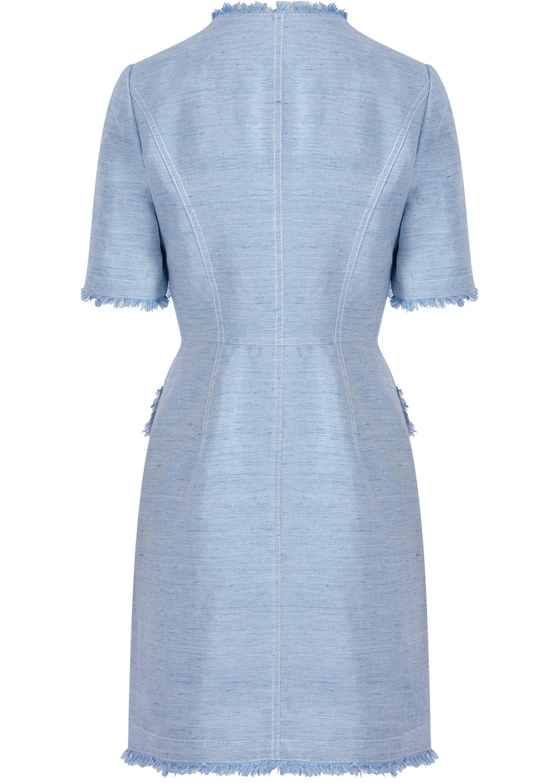 SALAZIA Denim Blue Cotton-Linen Blend Short-Sleeve Dresses