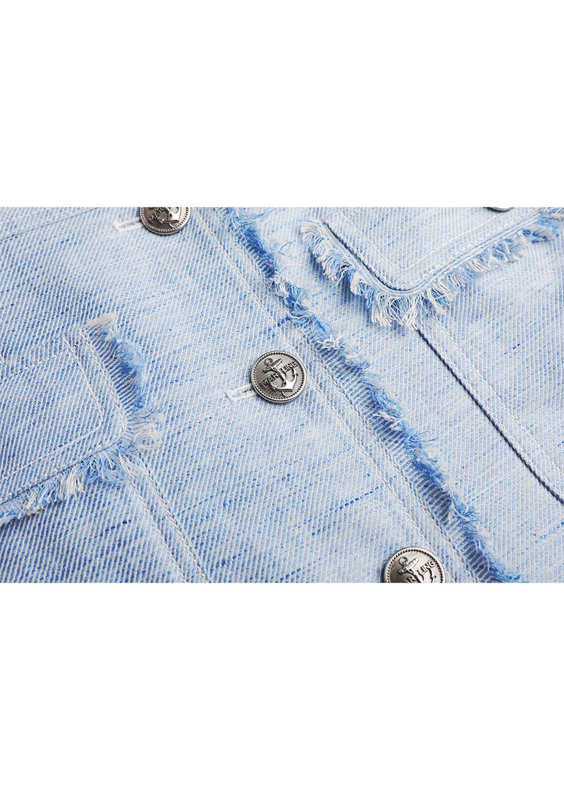 SALAZIA Denim Blue Cotton-Linen Blend Short-Sleeve Dresses