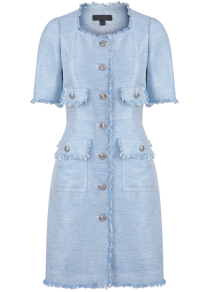 SALAZIA Denim Blue Cotton-Linen Blend Short-Sleeve Dresses