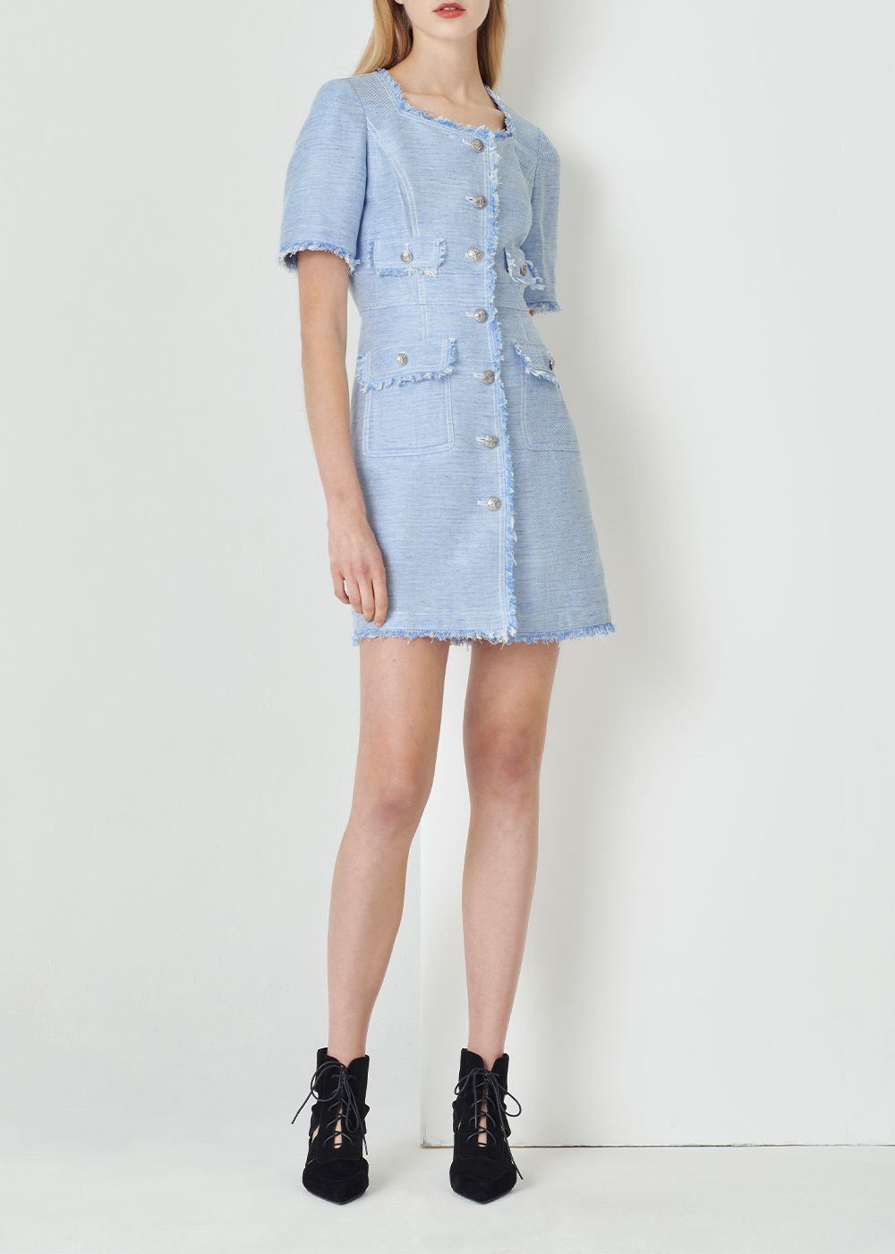 SALAZIA Denim Blue Cotton-Linen Blend Short-Sleeve Dresses