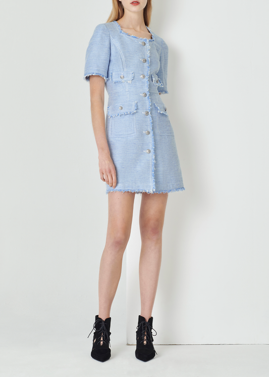 SALAZIA Denim Blue Cotton-Linen Blend Short-Sleeve Dresses