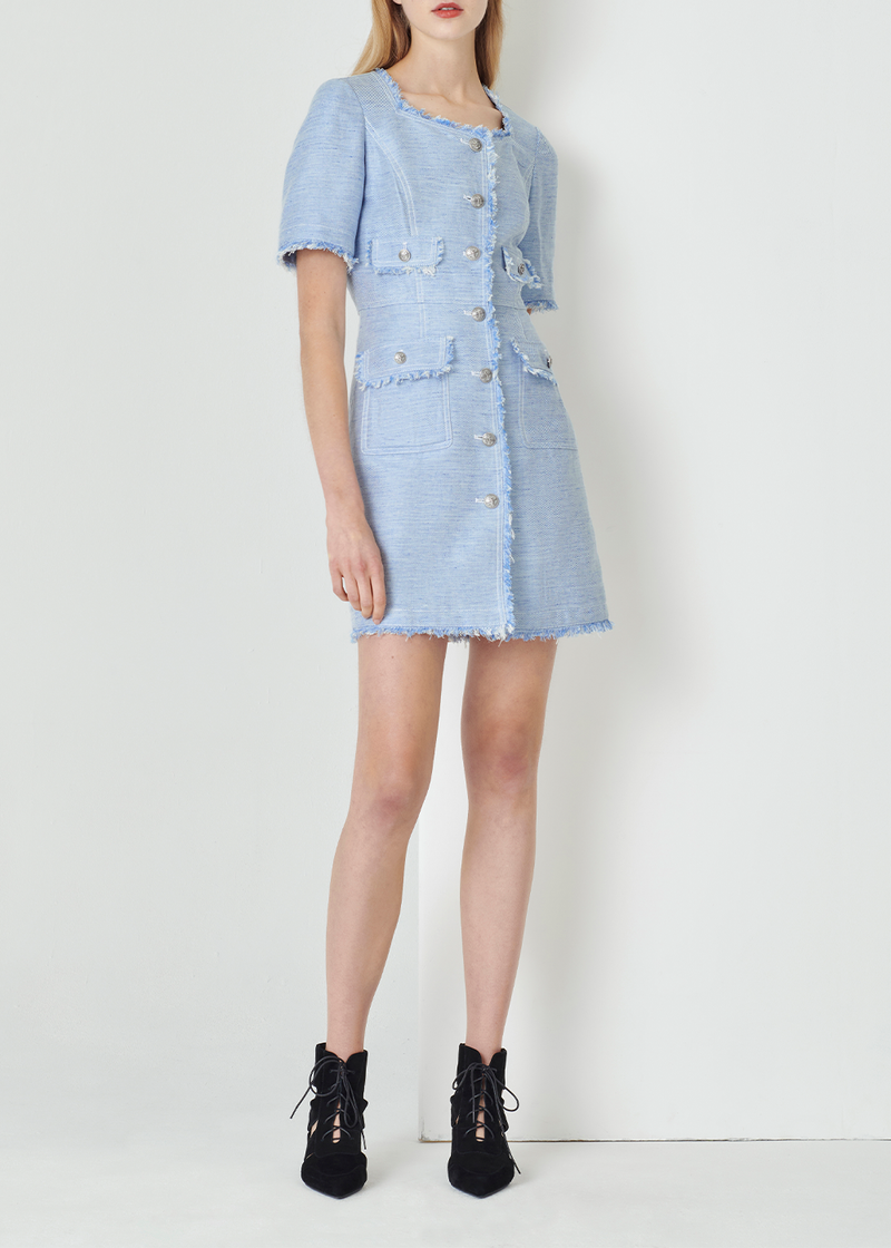 SALAZIA Denim Blue Cotton-Linen Blend Short-Sleeve Dresses