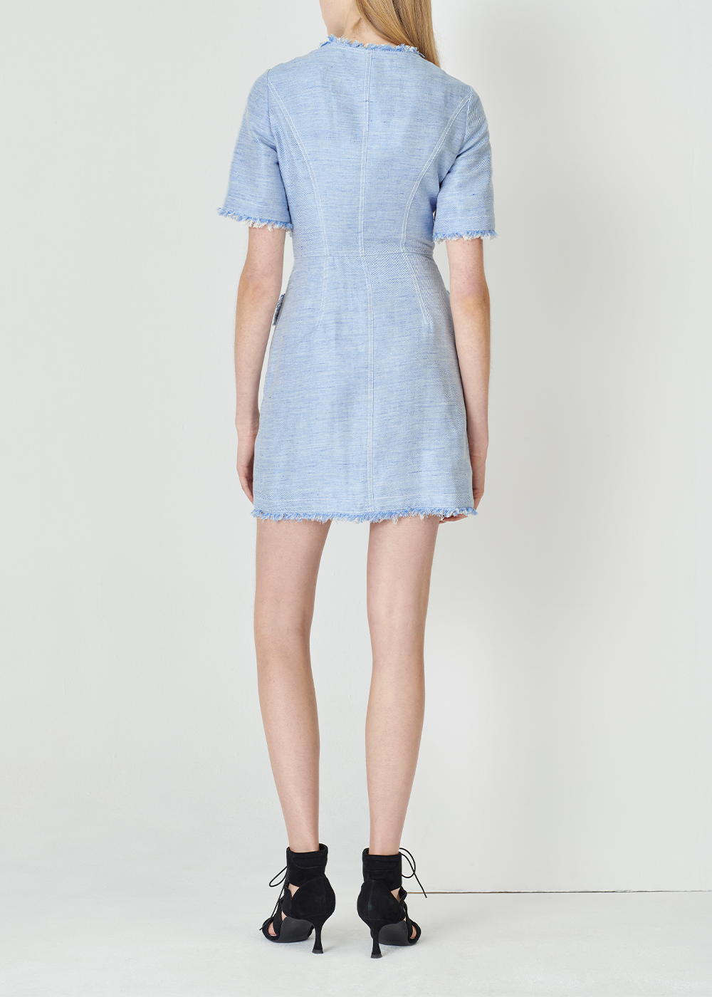 SALAZIA Denim Blue Cotton-Linen Blend Short-Sleeve Dresses