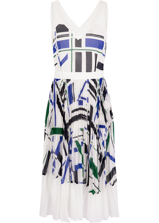 SALAZIA Blue-White Geometric Short-Sleeve Dress