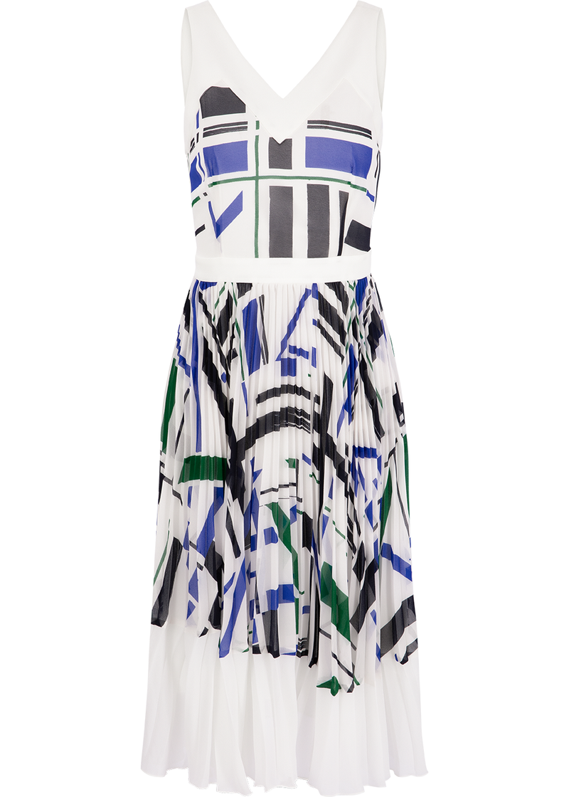 SALAZIA Blue-White Geometric Short-Sleeve Dress