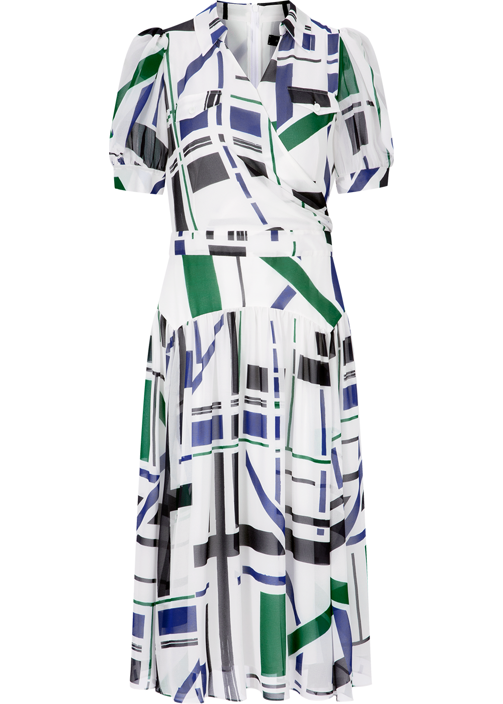 SALAZIA Blue-White Geometric Short-Sleeve Dresses