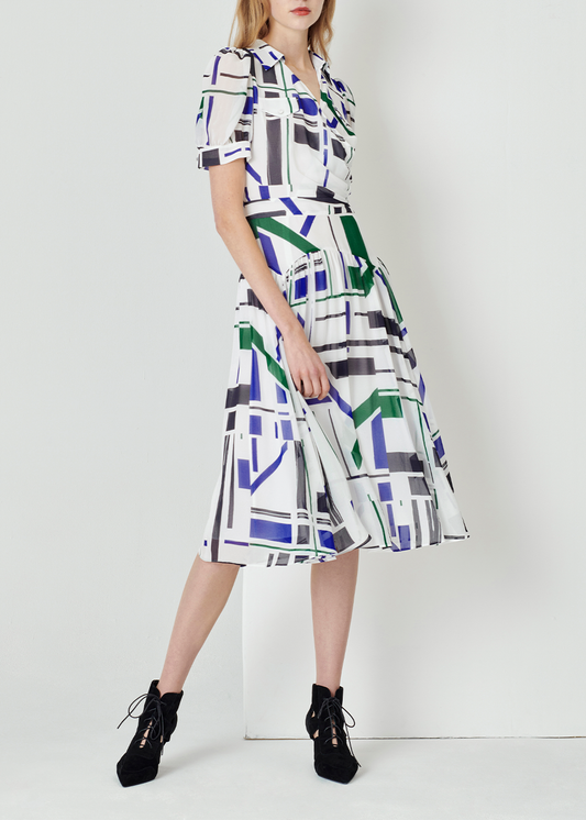 SALAZIA Blue-White Geometric Short-Sleeve Dresses