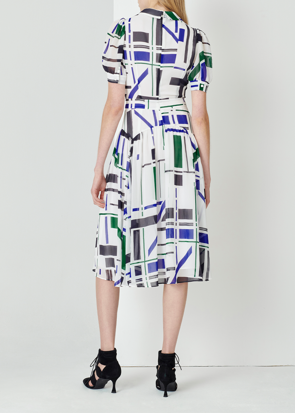 SALAZIA Blue-White Geometric Short-Sleeve Dresses