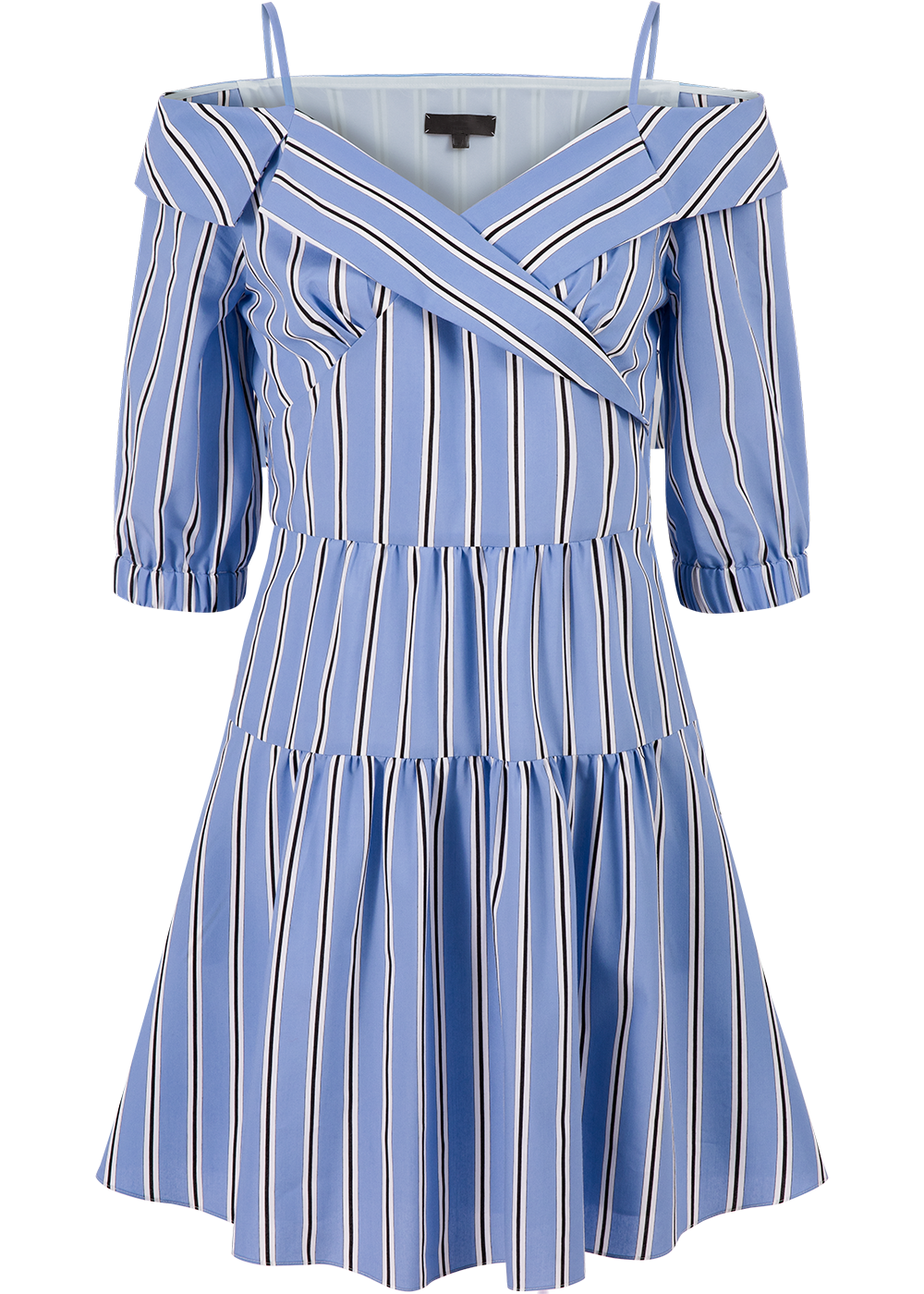 SALAZIA Blue-White Stripe Viscose-Nylon Short-Sleeve Dresses