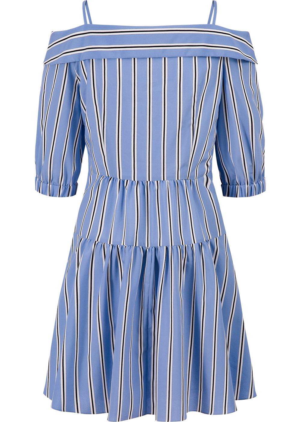 SALAZIA Blue-White Stripe Viscose-Nylon Short-Sleeve Dresses