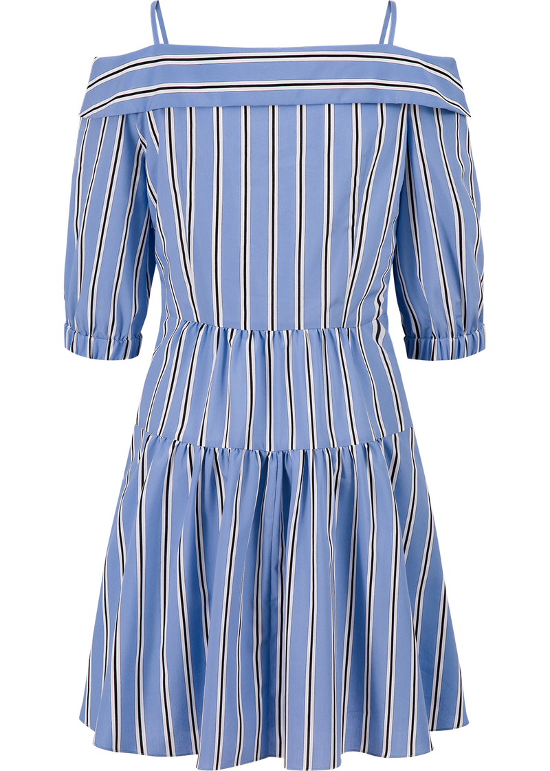 SALAZIA Blue-White Stripe Viscose-Nylon Short-Sleeve Dresses