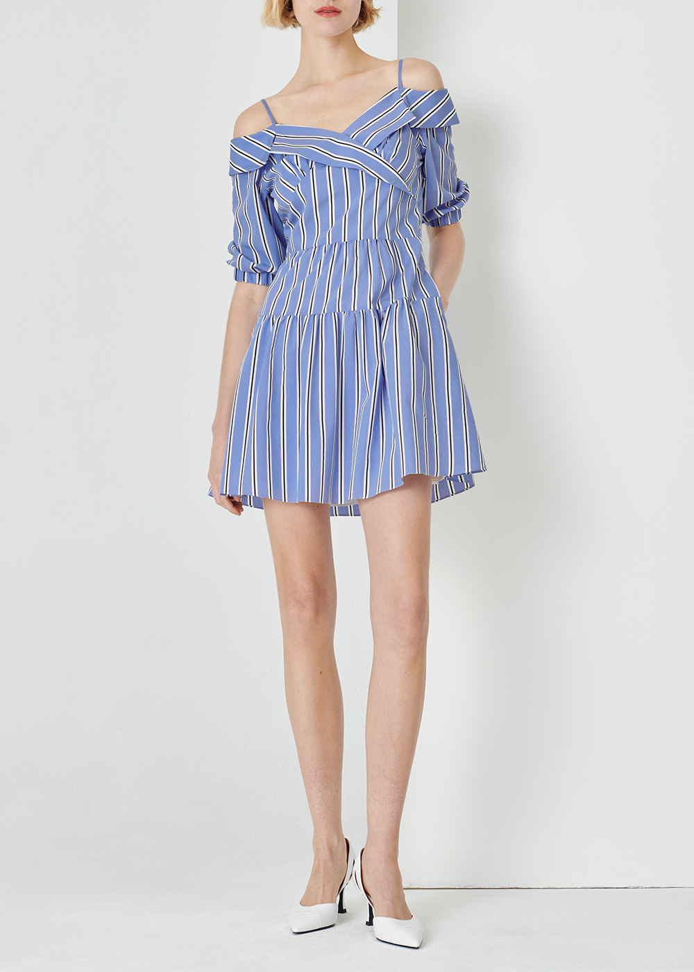 SALAZIA Blue-White Stripe Viscose-Nylon Short-Sleeve Dresses