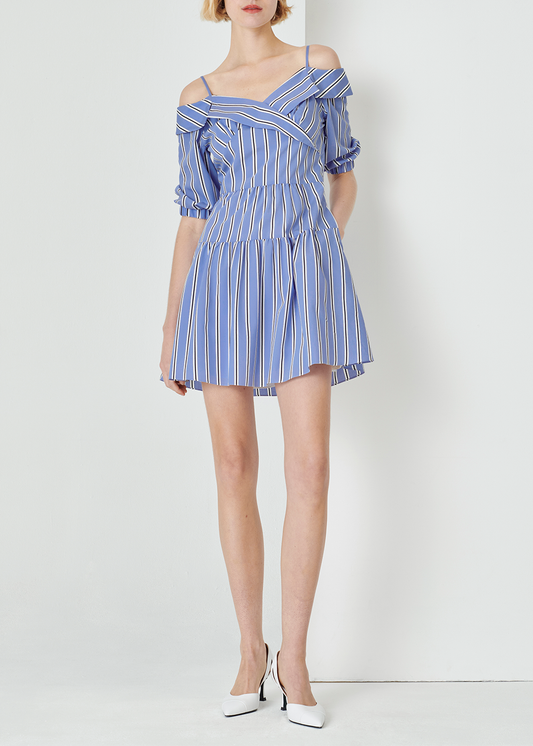 SALAZIA Blue-White Stripe Viscose-Nylon Short-Sleeve Dresses