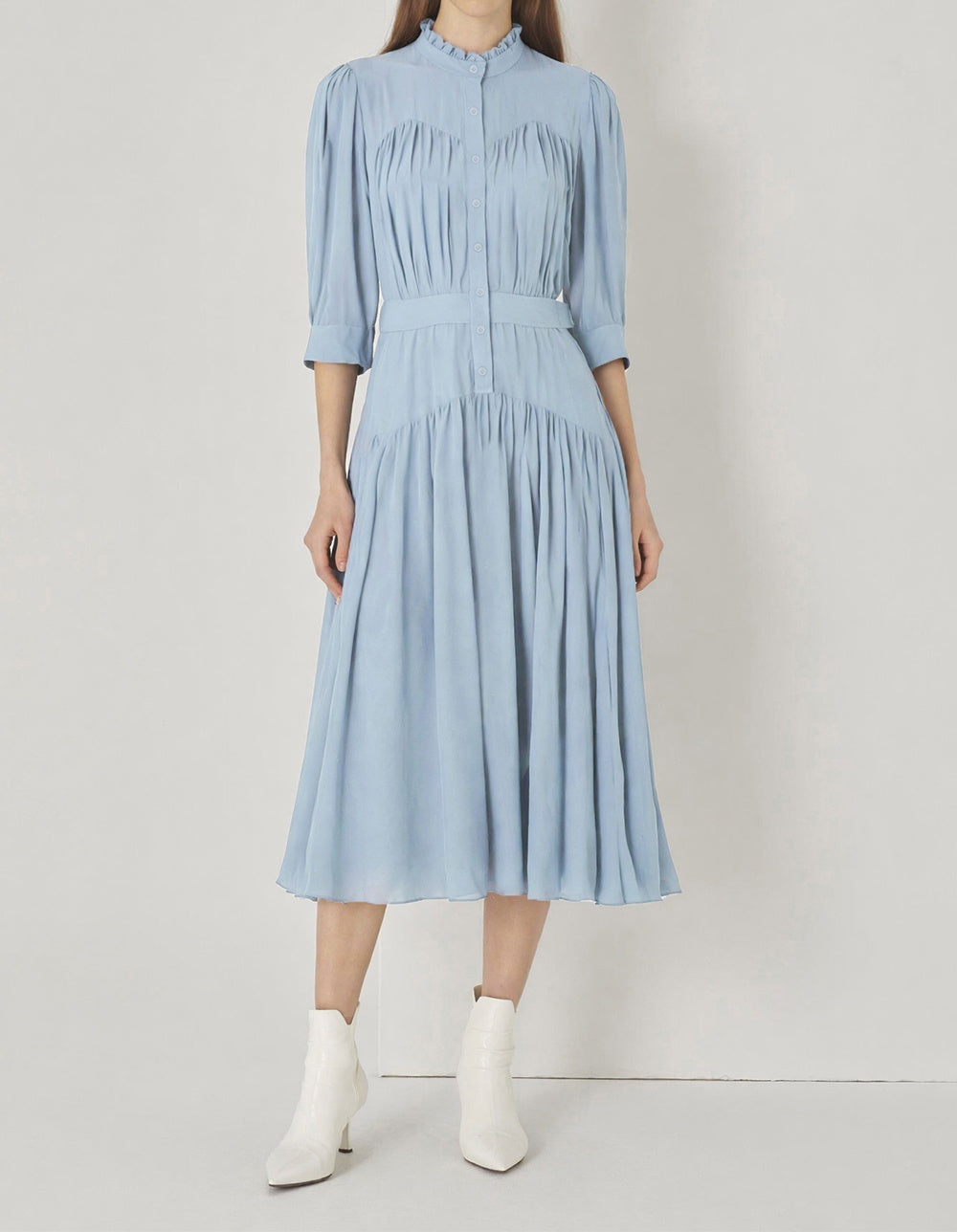 SALAZIA Sheer Layered Pleated Shirt Dresses