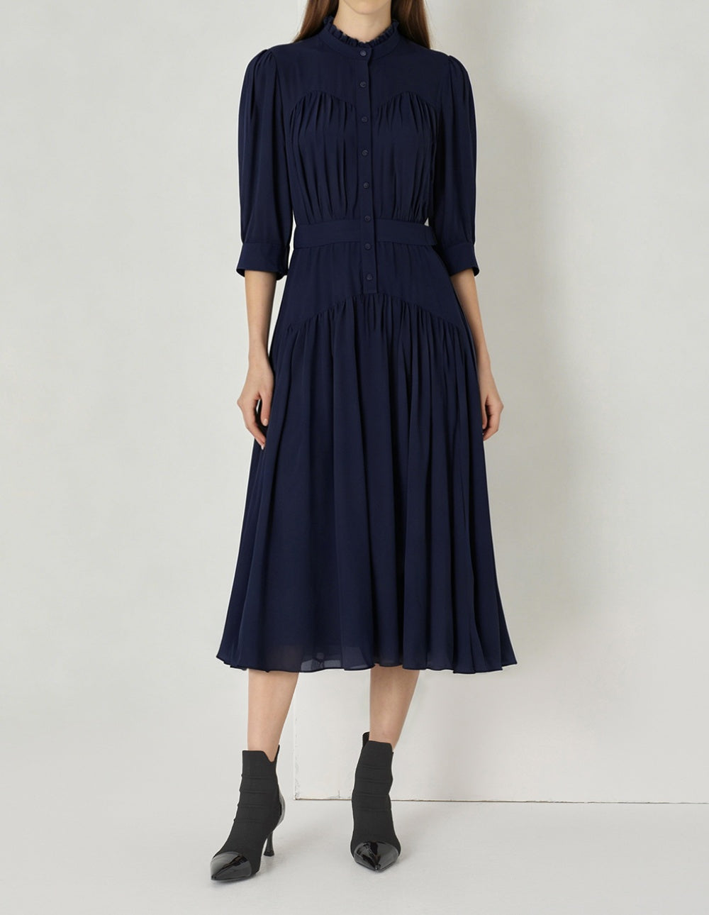 SALAZIA Sheer Layered Pleated Shirt Dresses