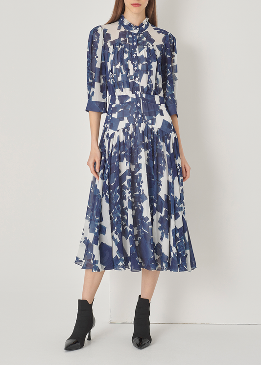 SALAZIA Blue-White Sandstone Long-Sleeve Dresses