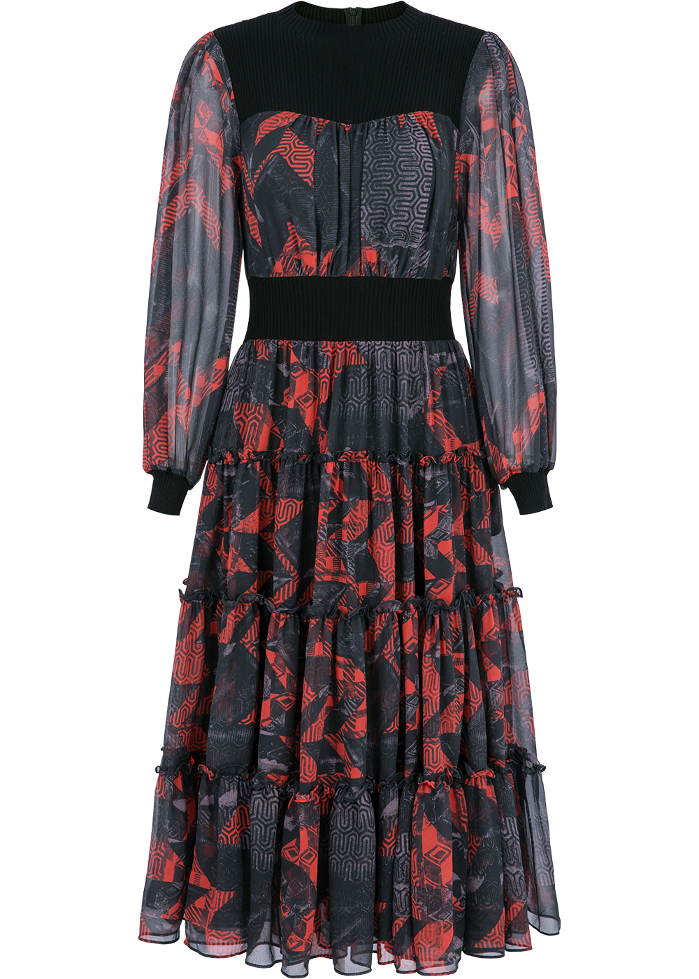 SALAZIA Black-Red Geometric Wool-Blend Dresses