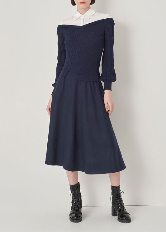 SALAZIA Blue-White Paneled Wool Dresses