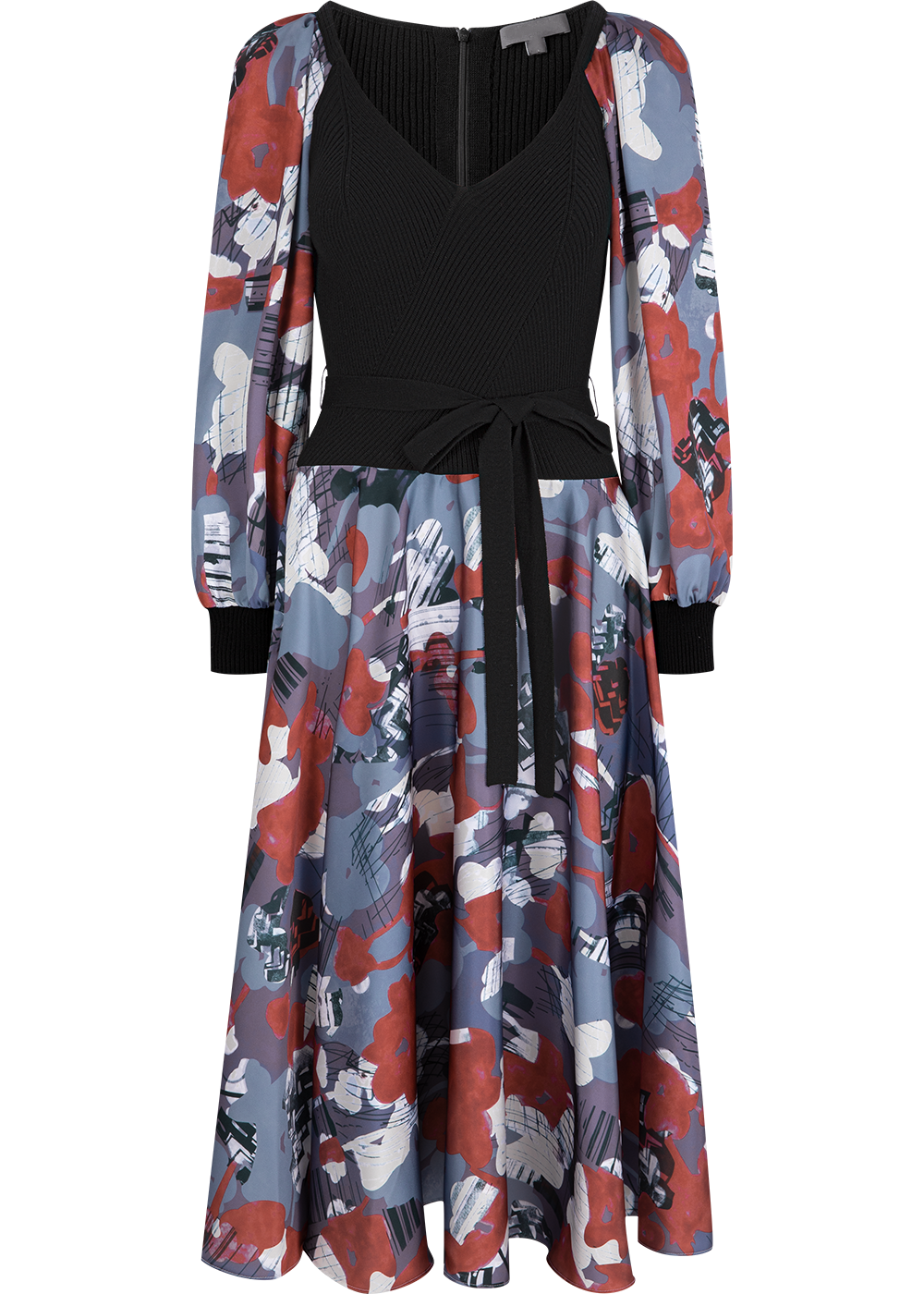SALAZIA Grey-Blue-Red Abstract Oil Paint Wool Dresses