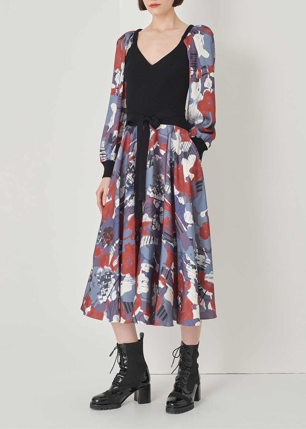 SALAZIA Grey-Blue-Red Abstract Oil Paint Wool Dresses