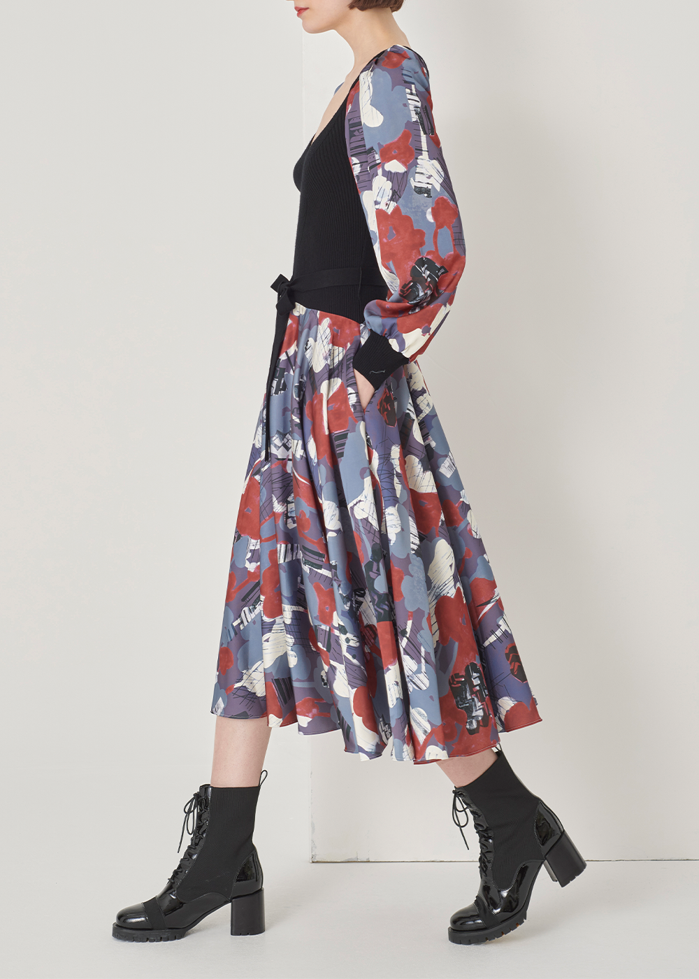 SALAZIA Grey-Blue-Red Abstract Oil Paint Wool Dresses