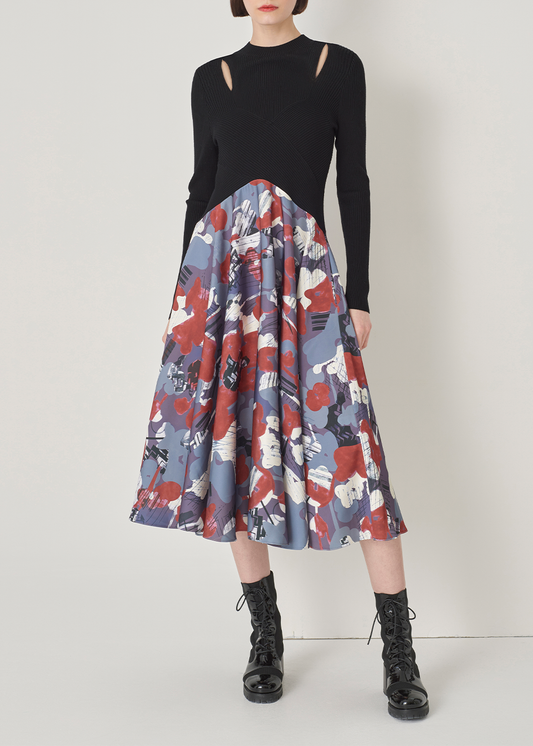 SALAZIA Grey-Blue-Red Abstract Oil Paint Dresses