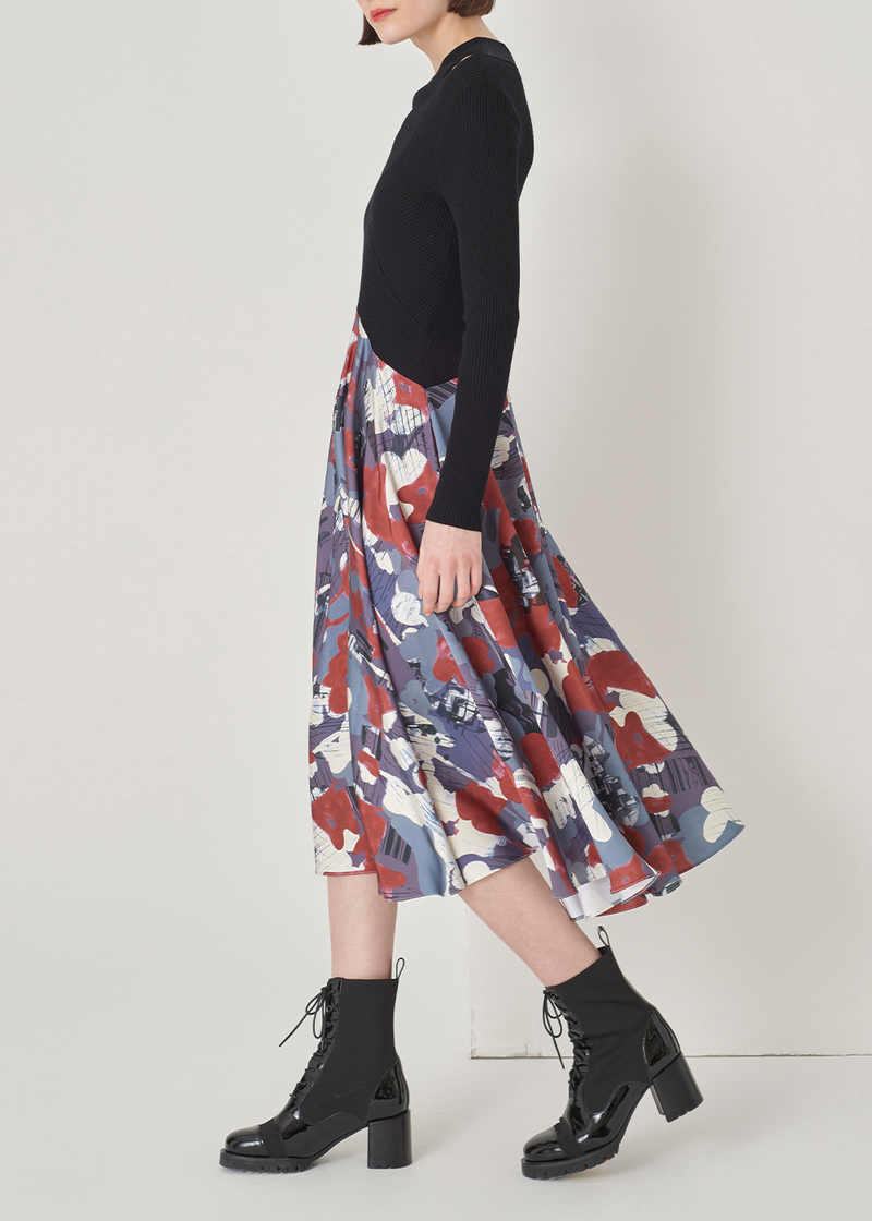 SALAZIA Grey-Blue-Red Abstract Oil Paint Dresses