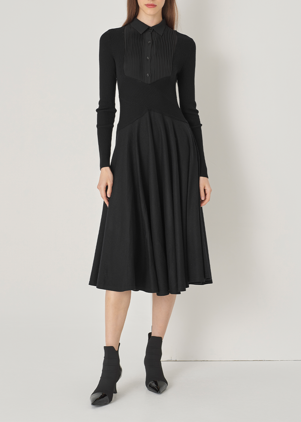 SALAZIA Black Wool-Silk Blend Fit-and-Flare Dresses