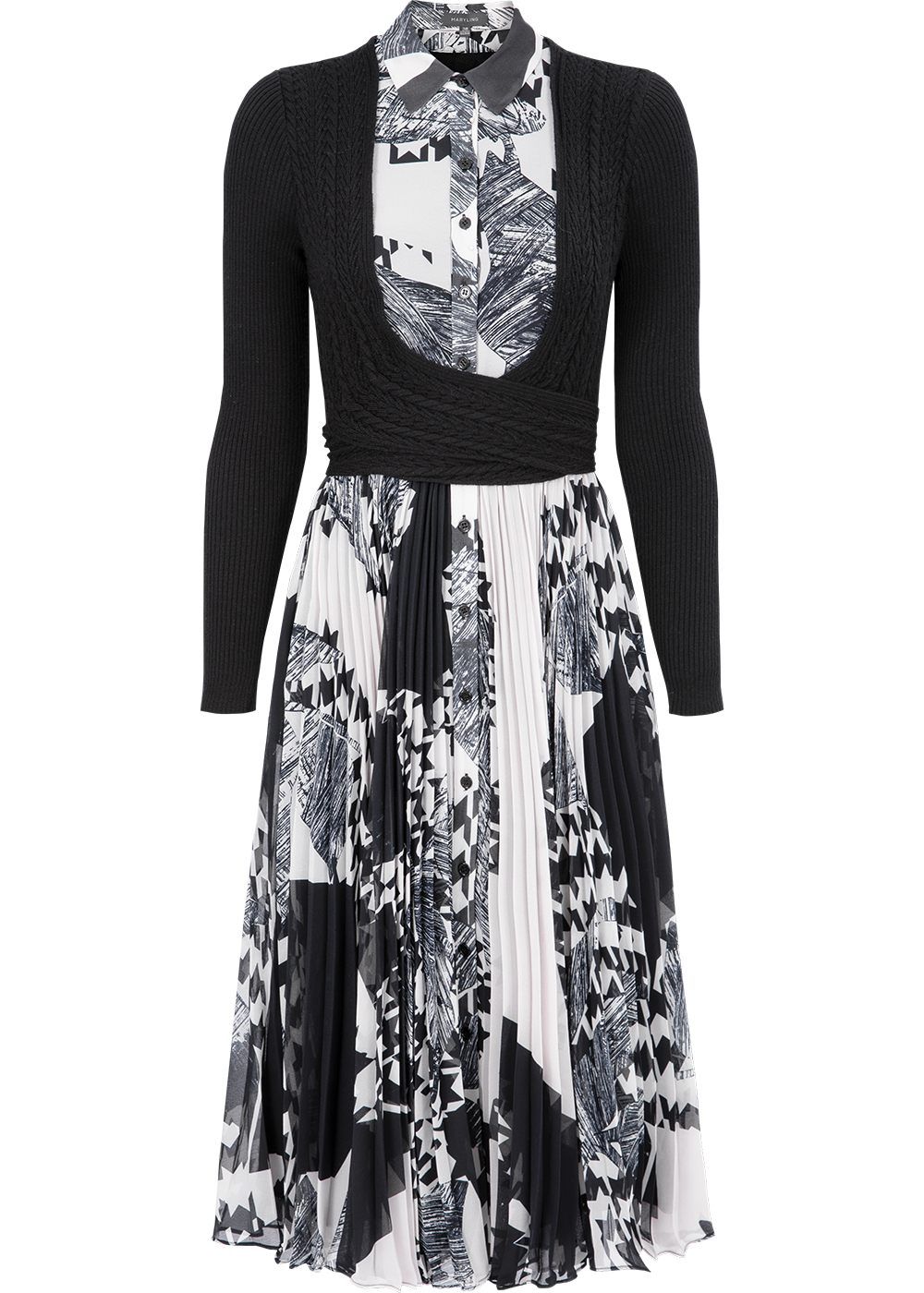 SALAZIA Black-White Collage Wool Blend Dresses