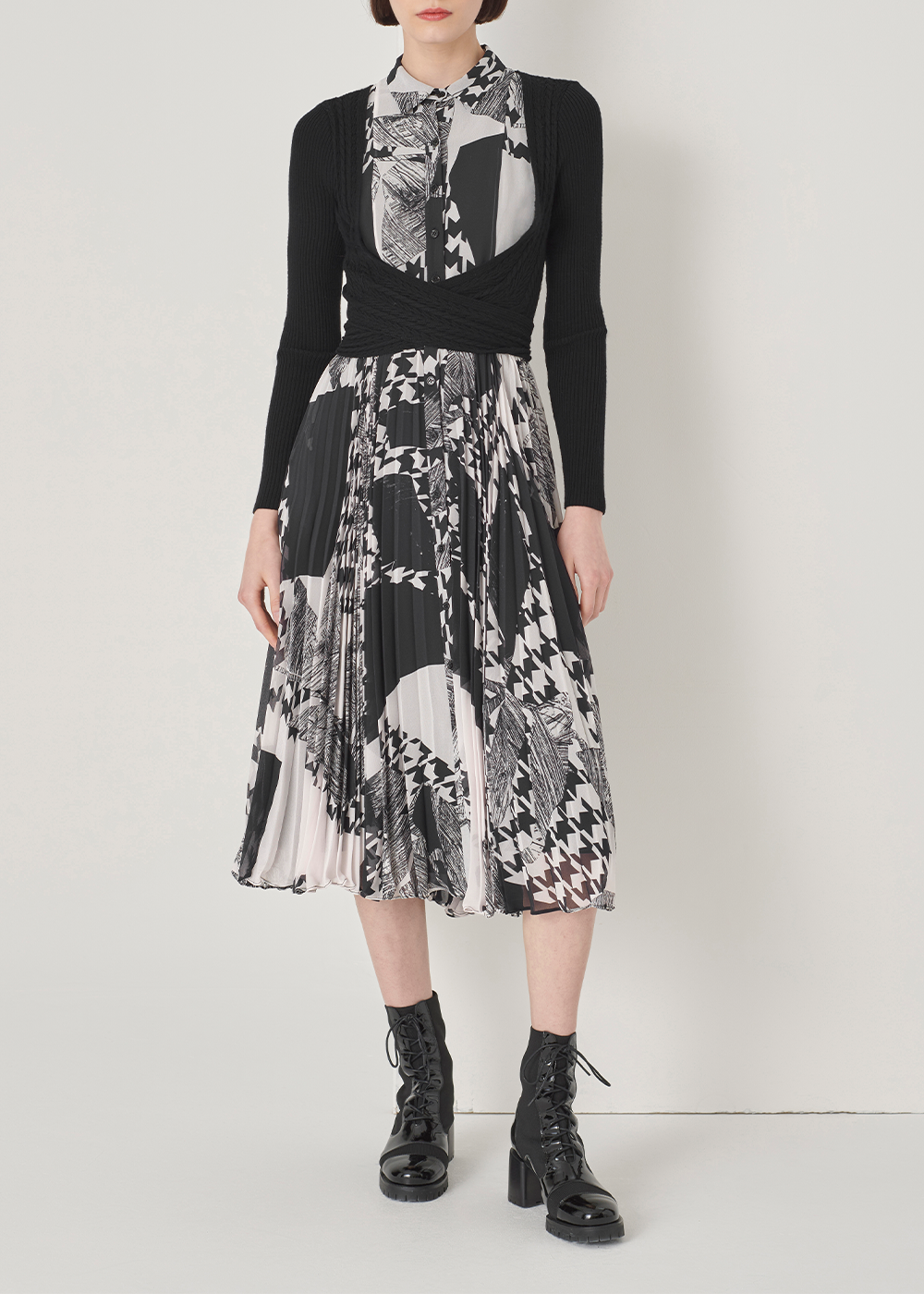 SALAZIA Black-White Collage Wool Blend Dresses
