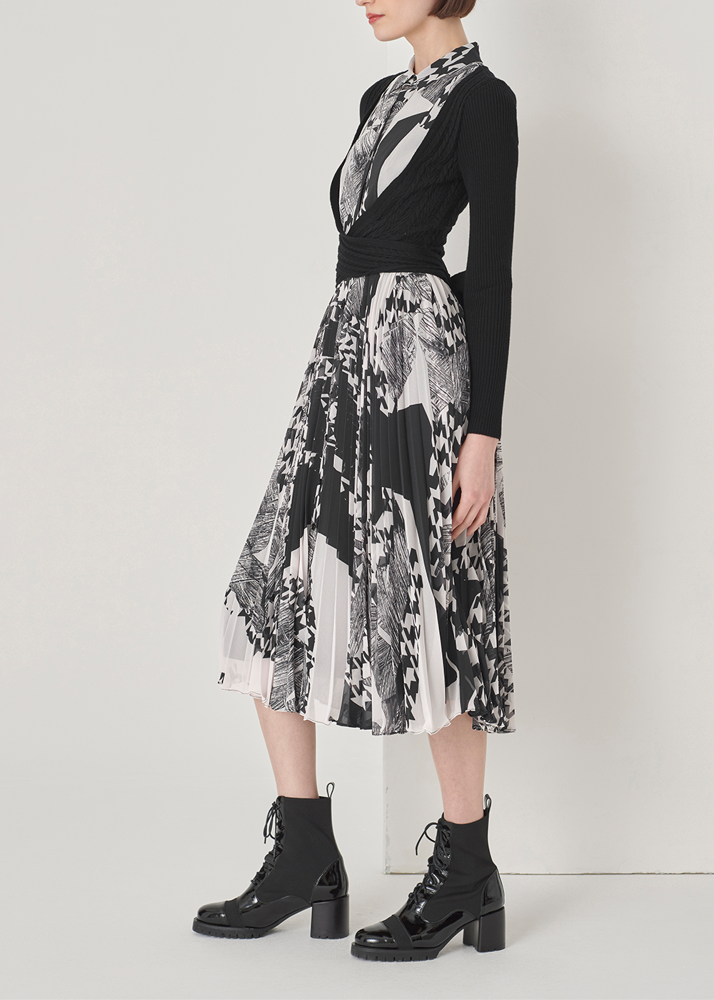 SALAZIA Black-White Collage Wool Blend Dresses