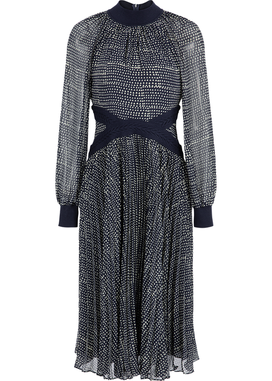 SALAZIA Blue-White Polka Dot Wool Blend Long-Sleeve Dresses