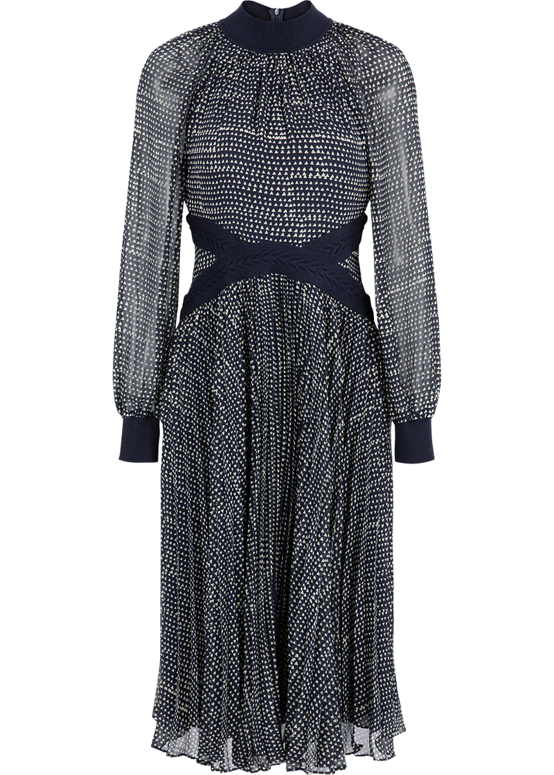SALAZIA Blue-White Polka Dot Wool Blend Long-Sleeve Dresses